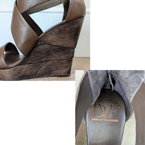 NEW Diane Von Furstenberg Opal Wedge Sandal 9.5 Strappy Vacchetta Leather Wood - Picture 11 of 12